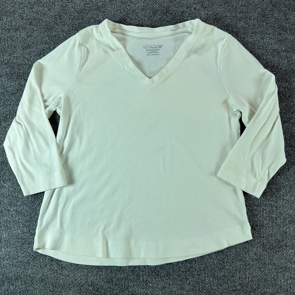 Chicos Womens Sz 1 Med White V-Neck 100% Pima Cotton 3/4 Sleeve Top Fall Office